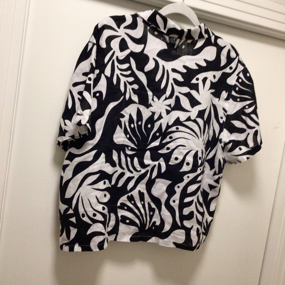 Womens Rachel Zoe 100% Linen Black and White Tropical Button Up Shirt - Picture 3 of 5